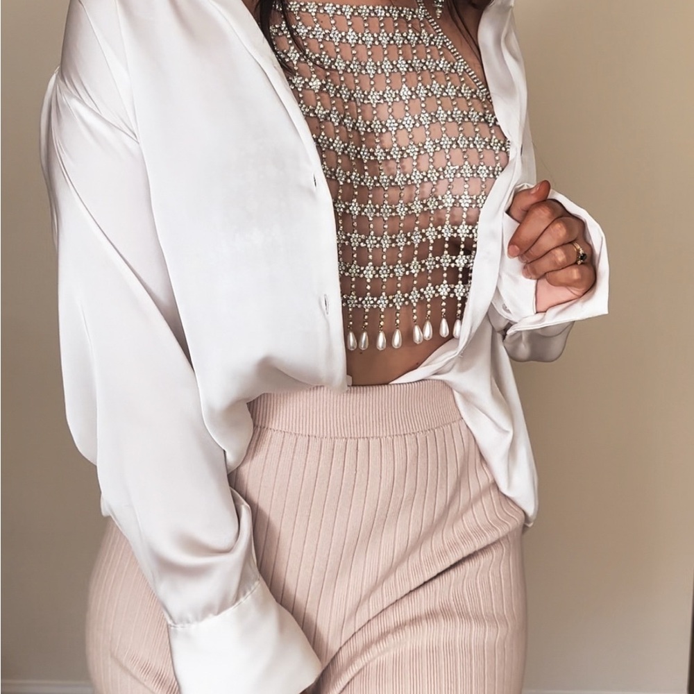 12th Tribe White Sheer Pearl Mesh Crop Top